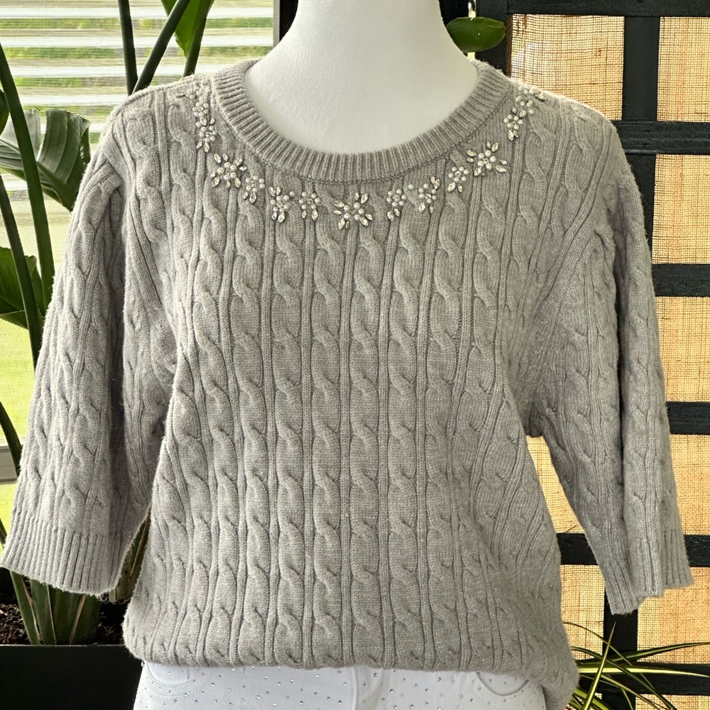 Ellie Grey Wool Cable Knit Short Sleeve Sweater Rhinestone Embellished Neckline